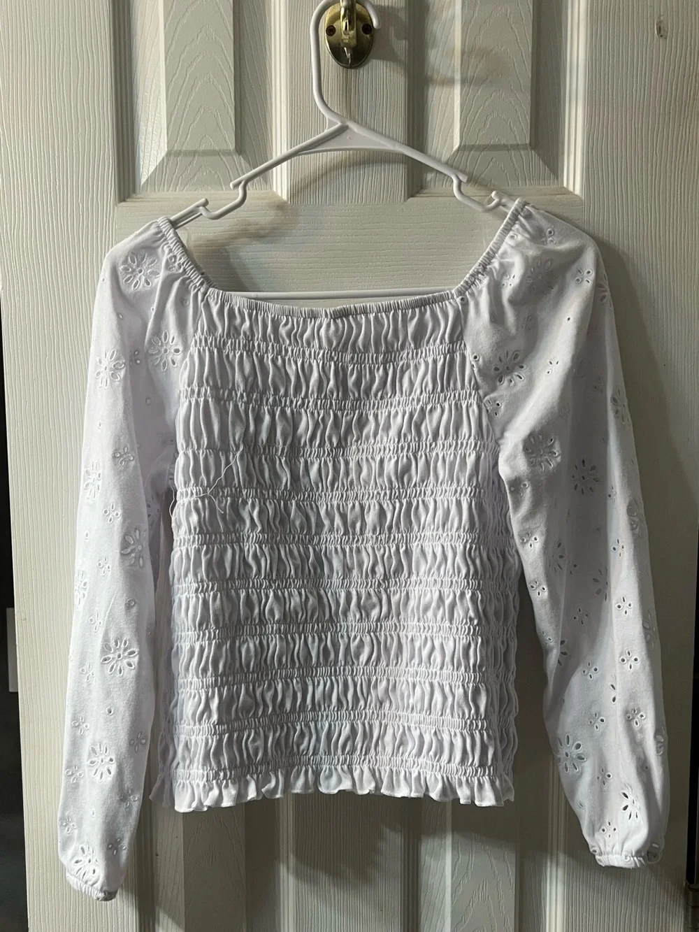 Girls XXL White Smocked Eyelet Long-Sleeve Top